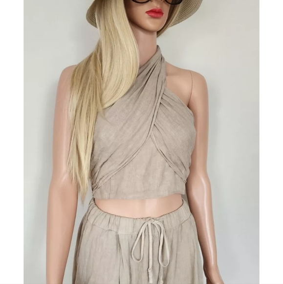 ZARA HALTER TOP SMOCKED BACK THICK STRAPS LINEN DARK BEIGE CROOPED TOP LARGE - Picture 2 of 16